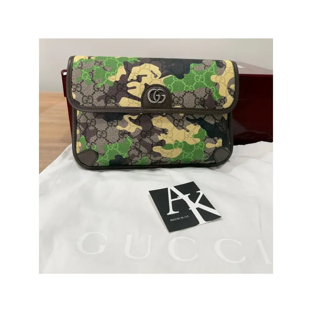 Gucci GG Supreme Camouflage Green Yellow Camo Belt Bag Crossbody Clutch 90 NWT